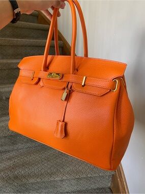 Fashion Drug Large Orange Leather Tote Handbag with Gold Hardware